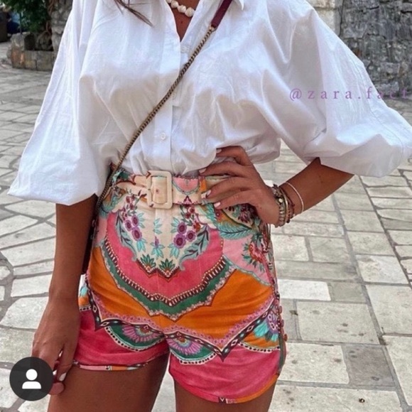 Zara NWT High Waist Floral Patterned Shorts Belted Linen Blend large - Picture 6 of 15